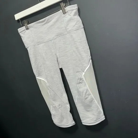 Lululemon Run With The Sun Crop Womens Leggings 8 Gray White Stripe Mesh - Picture 4 of 9